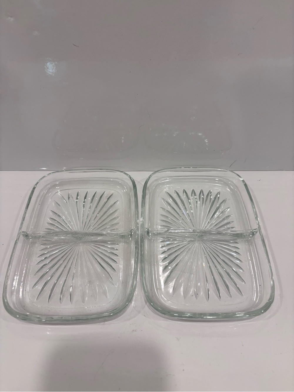 Vintage Clear Pressed Glass Divided Relish Dishes Pair Starburst Pattern